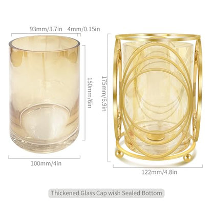 Gold Hurricane Candle Holder with Metal Frame, Windproof Thickened Glass Lid & Geometric Cutouts for Weddings, Parties, Home Decor - size: Large