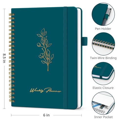 Taja Undated Weekly Planner, Weekly To Do List Notebook with Goal & Habit Tracker Organizer, A5 Weekly Planner Notebook with Spiral Binding, 6.1" x 8.2" - Pine Emerald - color: m.Pine Emerald
