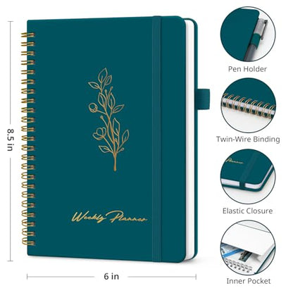 Taja Undated Weekly Planner, Weekly To Do List Notebook with Goal & Habit Tracker Organizer, A5 Weekly Planner Notebook with Spiral Binding, 6.1" x 8.2" - Pine Emerald - color: m.Pine Emerald