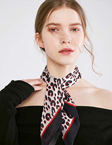 GERINLY Silk Hair Scarf Animal Print Leopard Neck Scarf Summer Neckerchief for Women Bag Purse Accessory - color: Beigeblack