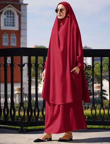 Abayas for Women Muslim Chiffon Prayer Burqa Dress Burkas for Women Muslim Hijab Dress Full Length Islamic Veil Abaya Set - color: Burgundy