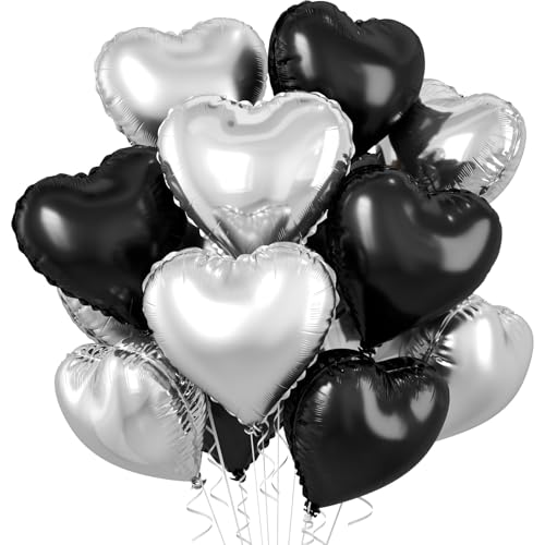 Black Silver Heart Balloons, 10PCS Metallic Foil for Goth Disco Birthday - color: Black Silver