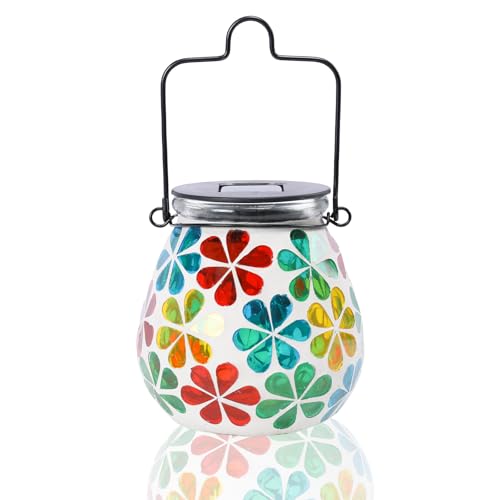 Afirst Outdoor Solar Lantern Waterproof Mosaic Glass Hanging Garden Light - color: Flower