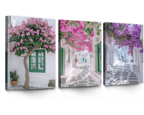 LANZHENZHENART 3Pcs Mykonos Town Wall Art Greece Street Flower Picture Canvas Painting Prints For Home Dining Room Living Room Wall Decor Poster Artwork(12" x 18" x 3 Panels Framed) - color: White 1, size: (12" x 18" x 3 Panels Framed)