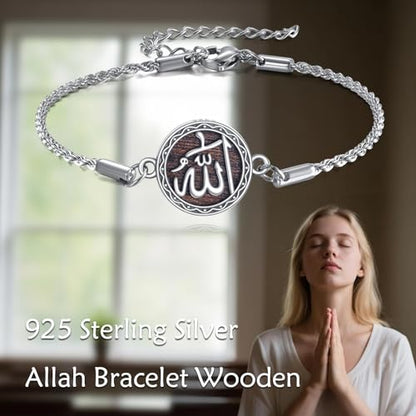 ONEFINITY Allah Wooden Bracelet 925 Sterling Silver Real Ebony Wood Bracelets Allah Tasbih Islamic Jewelry Gift for Women Men Muslim