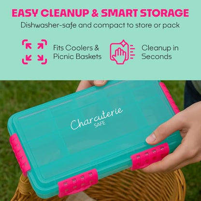 Charcuterie Safe - BPA-Free, Food Safe Charcuterie Board with Lid & Handle - Portable Snack Tray Organizer with Dividers, Mini Containers & Cheese Knife - Dishwasher Safe - Blue - color: Blue Charcuterie Safe