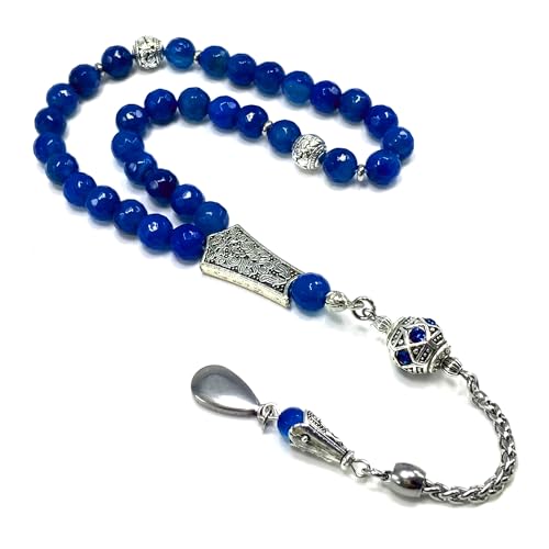 -Prestige Series -2- (33 beads) Worry Beads-Prayer Beads-Tesbih-Tasbih-Tasbeeh-Misbaha-Masbaha-Subha-Rosary (Blue Faceted Natural Agate Stone & Crystal Rhinestone Beads Design) - color: Light Blue Faceted Natural Agate Stone & Crystal Rhinestone Beads Des