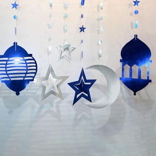 Cheerland Silver Blue Ramadan Decorations for Home Star Moon Lantern Garland Islamic Hanging Streamer Backdrop Eid Mubarak Decorations Lesser Bairam Holiday Celestial Banner Night Party Supplies 16pcs