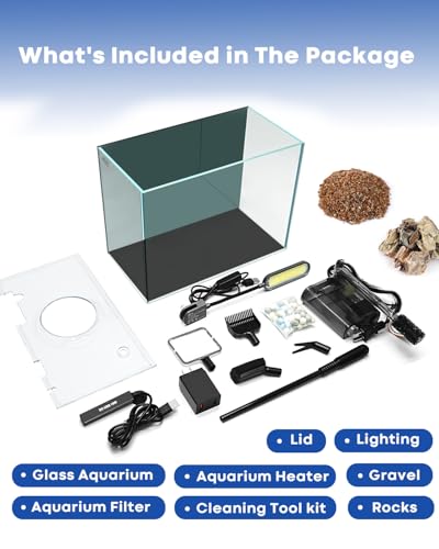 3 Gallon Aquarium Set Small Fish Tank Glass, Starter Kit with Heater Water Pump Cleaning Filter Bright Light Rocks Gravel Cleaning Tool, Leak-Proof Clear Rimless Desktop Spaces Saving Betta Fish - size: 3 gallon