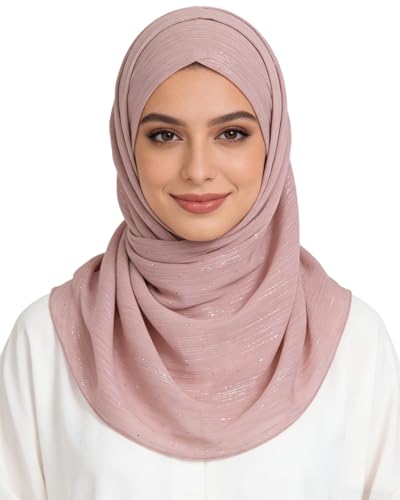 JUMISEE Sparkly Rhinestone Hijab Scarf for Women Glitter Wrinkle Chiffon Muslim Instant Hijab Long Scarves Head Wrap Shawls - color: Pink