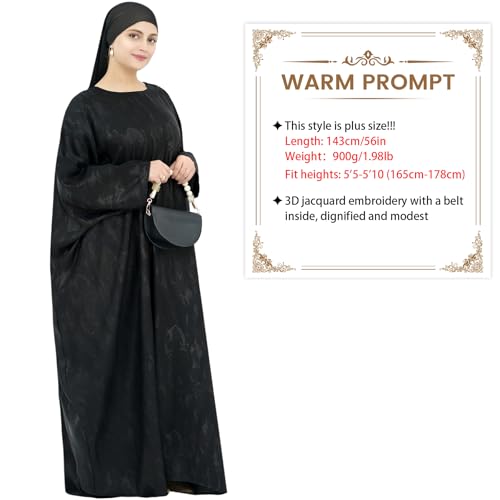 khalat Abaya Muslim Dress Women Satin Jacquard Prayer Dress Batwing Long Sleeve Islamic Dubai Robe with Chiffon Hijab - color: Black