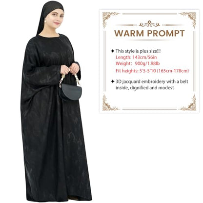 khalat Abaya Muslim Dress Women Satin Jacquard Prayer Dress Batwing Long Sleeve Islamic Dubai Robe with Chiffon Hijab - color: Black