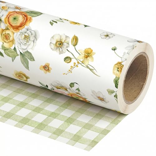 WRAPLULU Reversible Floral Wrapping Paper Roll - 17.5 Inches * 26 Ft. - Yellow Garden Flowers & Green Plaid Gift Wrap, Perfect for Spring Wedding Bridal Shower Baby shower Birthday Mother's Day - color: Reversible Floral Plaid