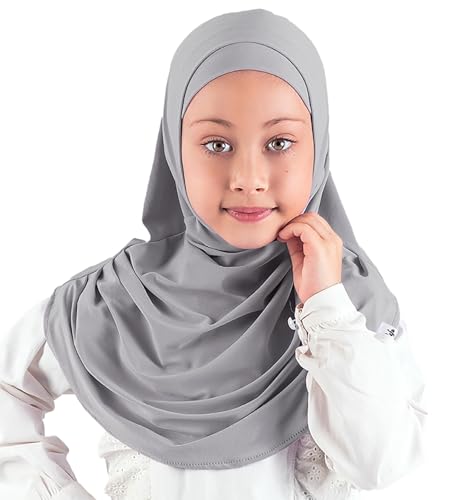 Modefa Islamic Girl Child Practical Amira Hijab Two Piece Muslim Scarf & Bonnet - Instant Easy Hijab - color: Light Grey