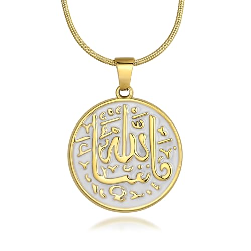 Hipunk Islamic Allah Pendant Necklace - 316L Stainless Steel Round Coin Medallion Gold-Tone Arabic Adjustable Snake Chain Muslim Gift Men Jewelry - color: white