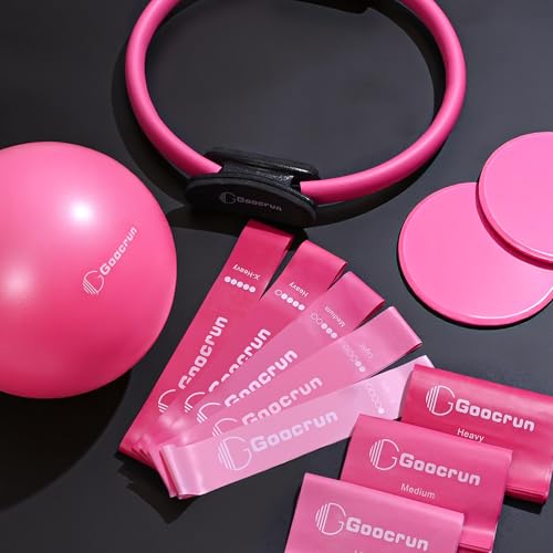 Goocrun Pilates Ring Set Exercise Equipment, with Exercise Resistance Bands Set, Pilates Ball, Sliding Disks. Portable Home Gym - with Fitness Guide Poster - color: Pink, size: Basic-level