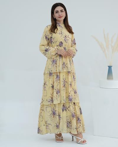 Breathable Modest Prayer Dresses Long Sleeve Layered Maxi Dress with Belt European Floral Print Women Muslim Abaya - color: Yellow, size: XXL(58)