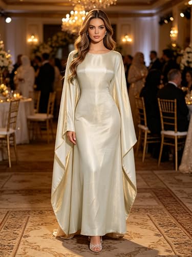 Shinsto Women Satin Prayer Dress Kaftan Robe Musulmane Femme Flashy Gown Luxury Party Wear Nightclub Outfit - color: Champagne, size: 1