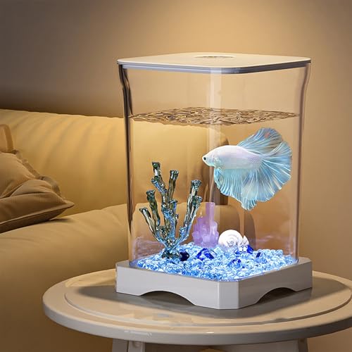 Aquarium Starter Kit Small Glass Betta Fish Tank Desktop Mini Fish Bowl for Shrimp Goldfish with Filter Pump LED (White)