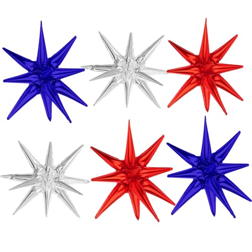 Star Balloons, 22 Inch Blue Red and Silver Star Balloons 6PCS Explosion Foil Balloon Starburst Balloon for Birthday Party Wedding New Year 4th of July Independence Day USA Patriotic Party Decor - color: Blue Red Silver