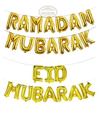 16-Inch Gold Eid Mubarak Foil Balloons - Party Decoration Supplies for Ramadan Gift and Muslim Celebrations