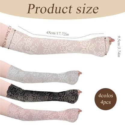 4 Pairs Women Lace Arm Sleeves, Floral Hollow Arms Cover Warmer Elegant Long Floral Lace Fingerless Gloves Elbow Length Arm Sleeves for Tea Party, Elbow Length Laces Sleeve to Cover Arms for Women