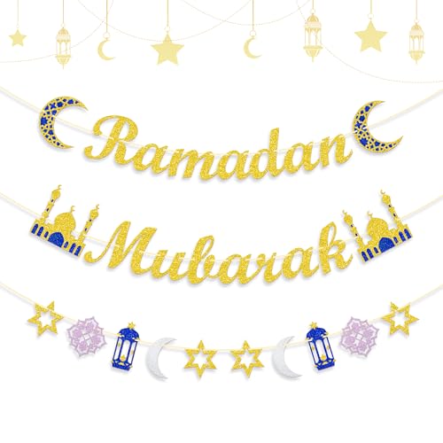 Uflashmi Ramadan Mubarak Banner, Ramadan Kareem Eid Mubarak Decorations for Home, Islamic Muslim Party Hanging Decor, Glitter Gold - color: Gold&Blue