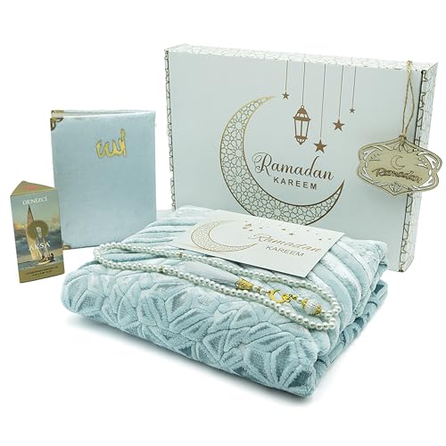 Modefa Luxury Velvet Islamic Prayer Rug - Muslim Janamaz Sejadah 5 Piece Ramadan Gift Set (Light Blue)