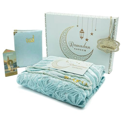 Modefa Luxury Velvet Islamic Prayer Rug - Muslim Janamaz Sejadah 5 Piece Ramadan Gift Set (Light Blue)