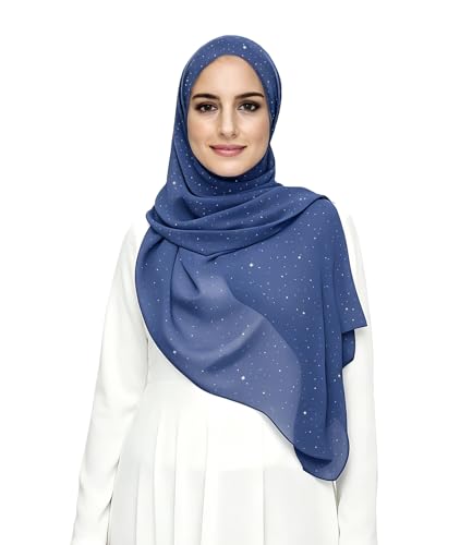 Lina & Lily Sparkle Shimmer Gold Glitter Women's Chiffon Hijab Head Scarf Shawl Wrap Lightweight - color: Denim Blue