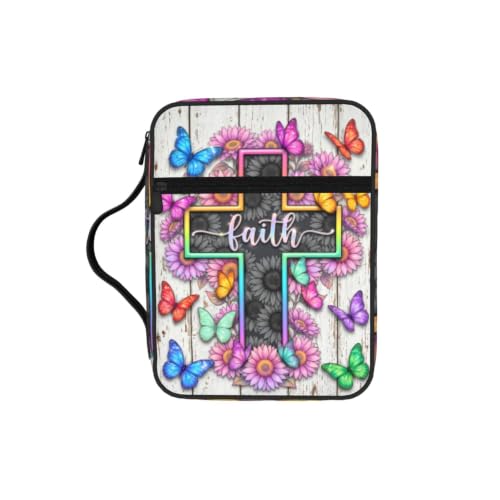 Cross Sunflower Butterfly Bible Cover Case with Handle and Zippered Pocket - color: Cross Sunflower Butterfly
