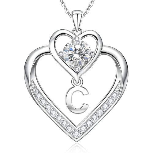 RIVIKO 1 Carat Moissanite Heart Initial Necklace for Women,Letter Pendant - color: Letter C