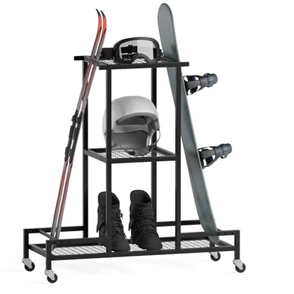 Standing Ski Storage Rack | Holds Snowboards & Skis, 3-Tier Organizer for Gear, Black - Ski Rack for Garage (without antislipmat) - style: without antislipmat