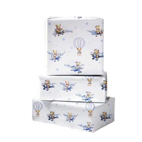 Cuitpan Baby Shower Wrapping Paper Roll - Blue Bears in Hot Air Balloon & Airplane Design for Baby Boy, Birthday Gift Wrap, Baby Shower Decor - 17 inches x 16.5 Feet,Cut Lines on Back - color: Baby Shower-Blue