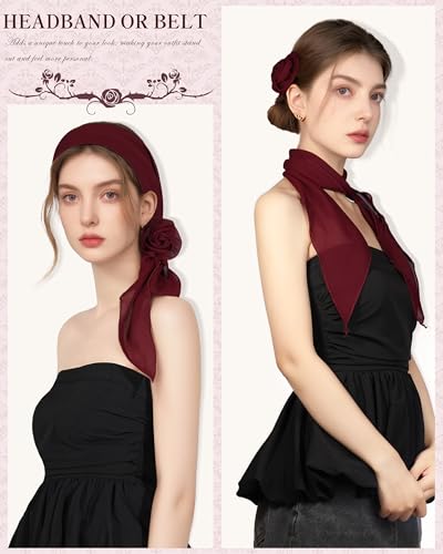 Chiffon Scarf for Women, Removable Flower Neck Scarf Light Soft Fashion Rose Scarves Versatile Headband or Hair Band - color: Burgundy