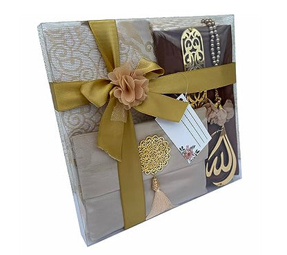 SAIKA Muslim Prayer Rug, 7 in One Gift Set, Prayer Mat Surah Book, Tasbeeh, Scarf, Surah Case, Bookmark, Car Mirror Hanger, Prayer Beads,Islamic Gift for Umrah, Hajj, Wedding, Janamaz (Gold) - color: Gold