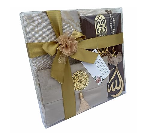 SAIKA Muslim Prayer Rug, 7 in One Gift Set, Prayer Mat Surah Book, Tasbeeh, Scarf, Surah Case, Bookmark, Car Mirror Hanger, Prayer Beads,Islamic Gift for Umrah, Hajj, Wedding, Janamaz (Gold) - color: Gold