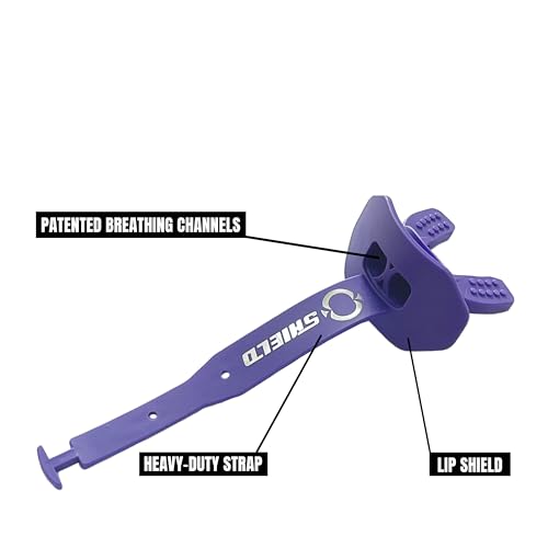 O Shield Striker Football Lip Guard with Permanent Strap | Football Lip Guard with Permanent Strap — Front Teeth, Lip, and Full Bite-Surface Coverage, No-Boil Ready Fit - color: Purple