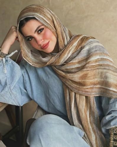 Women’s Gradient Tie Dye Hijab Scarf Soft Cotton Linen Headscarf Shawl Crinkle Printed Muslim Head Wrap - color: Color 1