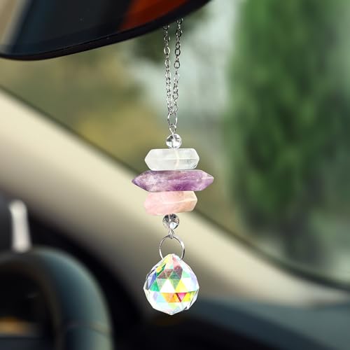 Car Rear View Mirror Accessories,Witchy Hanging Ornament Clear Quartz Crystal Unique Amethyst Rearview Decor Charm Handmade Rose Quartz Glass Ball Beads Swinging Interior Decor for Women Men - color: Rose Quartz