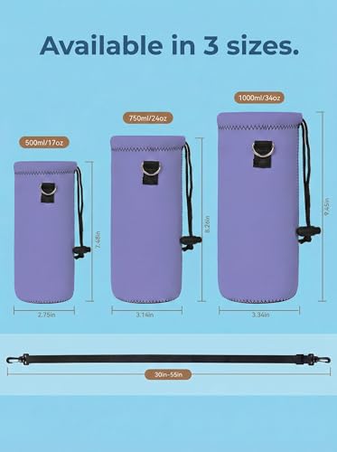 Neoprene Water Bottle Carrier Bag with Adjustable Shoulder Strap,Insulated Water Bottle Cover for Stainless Steel/Glass/Plastic Bottles - color: Lavender, size: 500ml