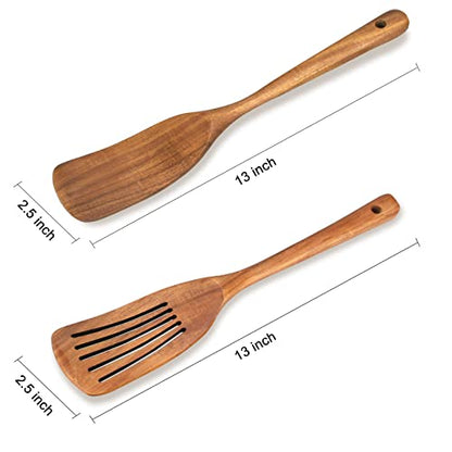 2 Pack Wooden Non Toxic Spatulas for Kitchen Utensils Set Acacia Wood Cooking Spatula Flat Wok Pancake Turner Bamboo Slotted Spoon for Cooking Utensil Spurtle Scraper Long Fish Egg Flipper Spatulas - color: 2Pcs-Natural