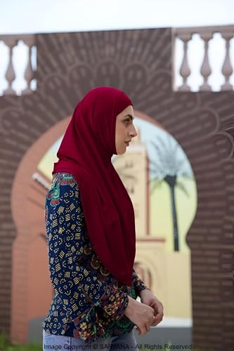 SARJANA Women's Solid Color Cotton Hijab with Under Scarf Cap Ready to Wear Stretch Scarves Long Scarfs FREE SIZE - color: Maroon