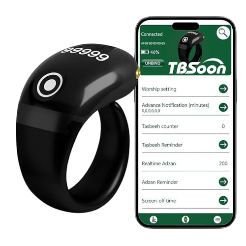 Lightweight Tasbih Smart Ring, Tasbeeh Counters,Prayer Direction Indicator Guide,5 Azan Alarm Clock,Forgiveness,Electronic Rosary,Eid al-Fitr Eid al-Adha Ramadan Gift for men women-Black Pro with APP - style: Black Pro