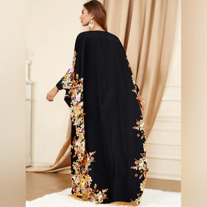 ODIZLI Ramadan Abaya for Women Muslim Batwing Sleeve Floral Print Prayer Dress Dubai Turkey Kaftan - color: Black