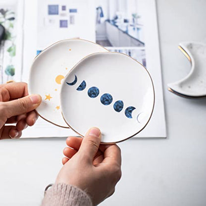Ceramic Moon Jewelry Dish Tray Ring Holder, Small Decorative Trinket Dish for Rings Earrings Necklaces, Present for Wife and Mom, 4.5 Inch