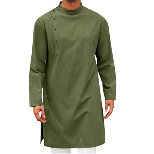 Mens Kaftan Thobe Long Sleeve Stand Collar Side Button Robe Gown Casual Loose Split Cotton Linen Muslim Shirts Top - color: Army Green, size: Large
