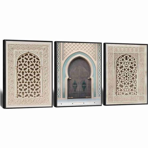 Moroccon Mosque Window Decor Wall Art Mosque Architecture Home Decorations Muslim Wall Art Islamic Gifts Ramadan Decorations 3Pcs Framed Prints indoor Home decor for Living Room Bedroom Offices - color: Moroccon Mosque Window Decor, size: 8x12in-3PCS-Blac