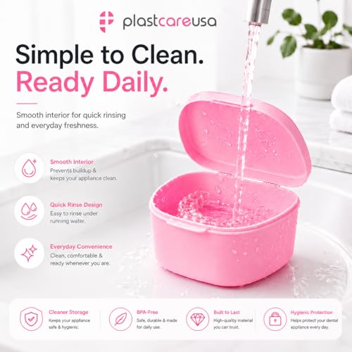 PlastCare USA Pink Denture Cases Pack of 5 - Dental Box For Artificial Teeth, Mouth Guard, Night Guard, Gum Shields, Retainer - Denture Bath Container for Women and Men - Travel Denture Cup - color: Pink