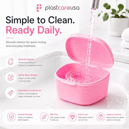 PlastCare USA Pink Denture Cases Pack of 5 - Dental Box For Artificial Teeth, Mouth Guard, Night Guard, Gum Shields, Retainer - Denture Bath Container for Women and Men - Travel Denture Cup - color: Pink